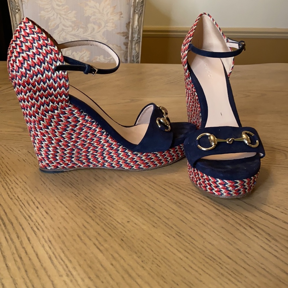 ❤️ Authentic Gucci Blue Suede Horsebit Espadrille Wedge Heels - Picture 7 of 11